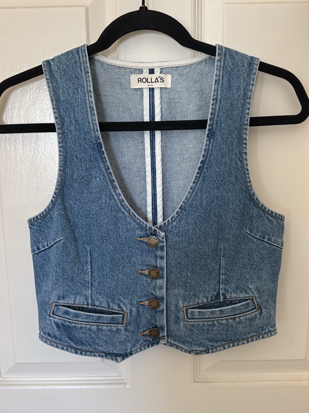 ROLLA'S Dallas Vest  Blue Denim Cropped Vest with Metal Buttons